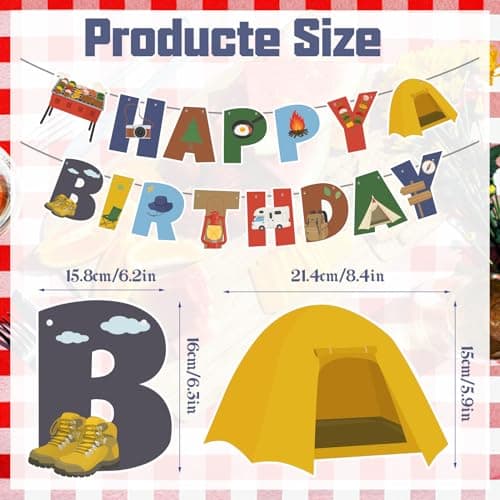 Camping Birthday Banner & Cake Topper Kit - Red, Orange, Brown, Green, Blue - 26 Pieces