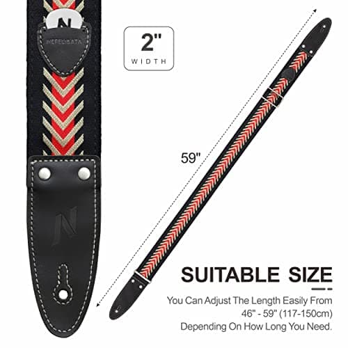 Nefelibata Guitar Strap, 2 Jacquard Embroidered Cotton Strap with Leather Ends (Vintage Arrowhead Red)