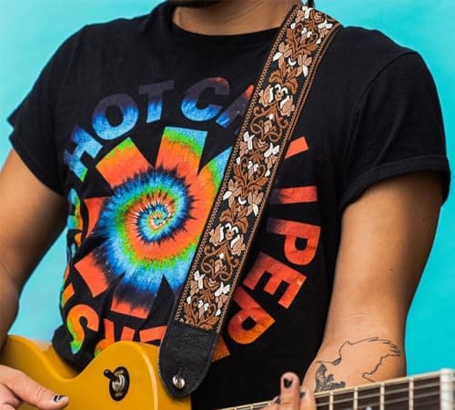 Vintage Embroidery Cotton Guitar Strap with Leather Ends