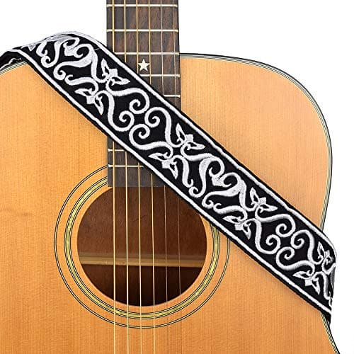 Vintage Classical Pattern CloudMusic Guitar Strap with Leather Ends — Embroider Silver
