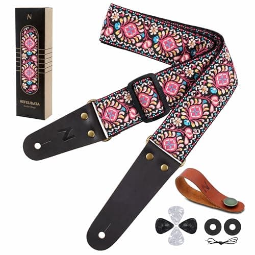 Nefelibata Guitar Strap with Hidden Pocket for Bass, Electric, and Acoustic Guitars — Pink Flowers