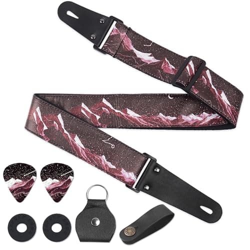 QIELIZI Adjustable Guitar Strap with 2 Locks, 2 Picks, Pick Holder & Leather Button — 1-hill Red