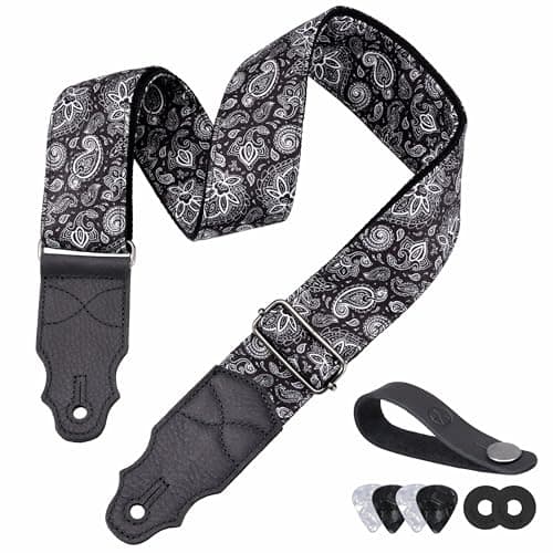 Head Layer Cowhide Leather Guitar Strap, 2" Wide, 2 Locks, 4 Picks Included — Black Petal