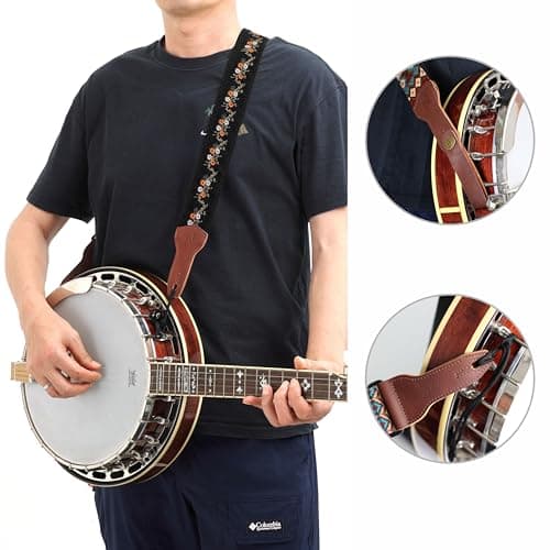 Nefelibata Banjo Strap, 2 Wide Double Full Grain Cowhide Guitar Strap - Small Flower Embroidery