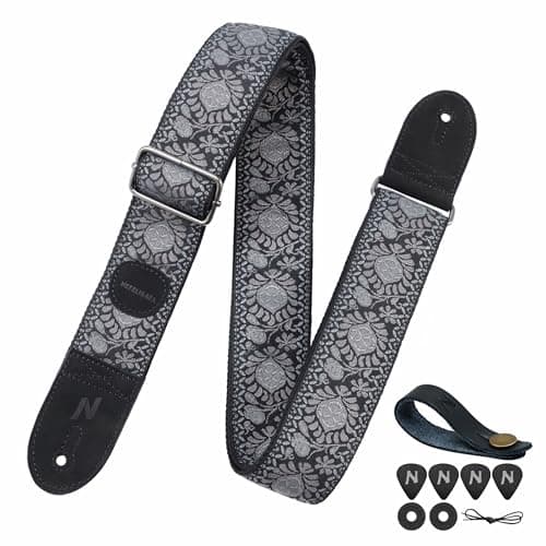 Nefelibata Guitar Strap with Pick Pocket - 2 Inch Thicker Woven Strap for Bass, Electric, and Acoustic Guitars — Black Flowers