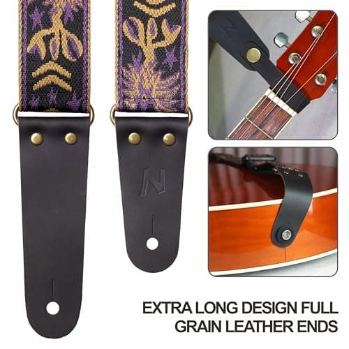 Embroidered Leather Guitar Strap with Hidden Pocket for Electric, Acoustic, and Bass Guitars