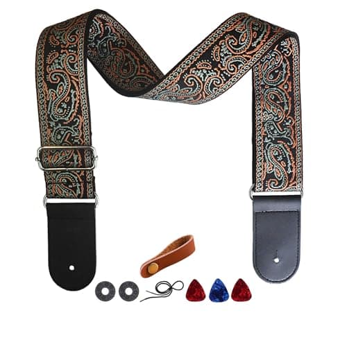Yellow Flower Jacquard Weave Acoustic Bass Guitar Strap with 2 Locks + 3 Picks — Green and Yellow