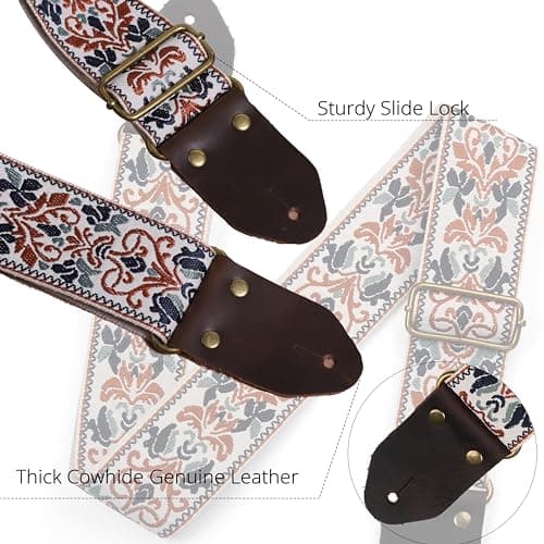 Embroidered Cotton Guitar Strap with Leather Ends for Bass and Electric Guitar