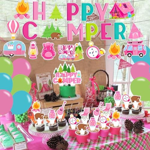 Pink Camping Party Decorations, Happy Birthday Banner & Supplies for Camp-Themed Birthdays