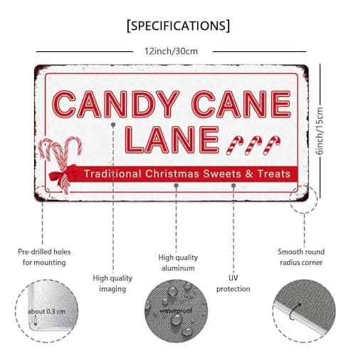 Traditional Christmas Candy Cane Lane Metal Tin Sign - Vintage Retro Kitchen Decor for Home or Cafe