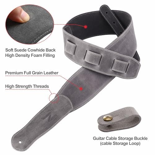 Vintage Gray Full Grain Leather 3-Inch Guitar Strap with Padding and Cable Organizer Loop for Kids, Men and Women