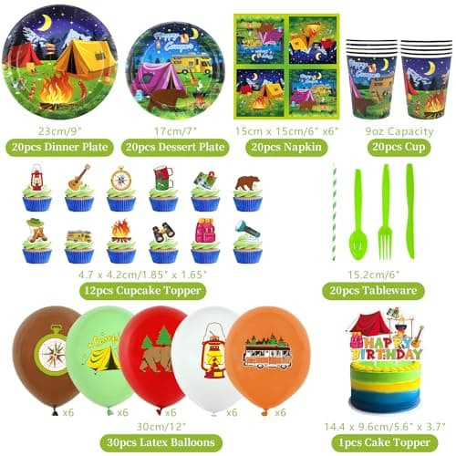 Camping Birthday Party Decor - Tableware, Plates, Cups, Napkins, Tablecloth, Backdrop, Balloons, Cake Toppers (backdrop)