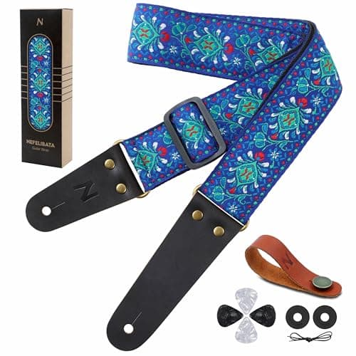 Nefelibata Embroidered Cotton Guitar Strap with Cowhide Ends (Saffron) — Green Flowers
