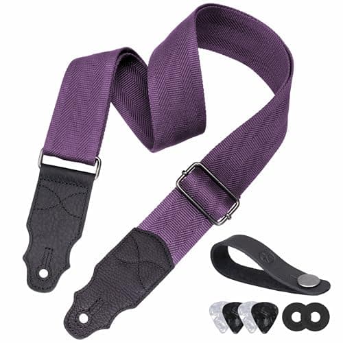 Head Layer Cowhide Leather Guitar Strap, 2-Inch Wide, 2 Locks, 4 Picks — Dark Purple