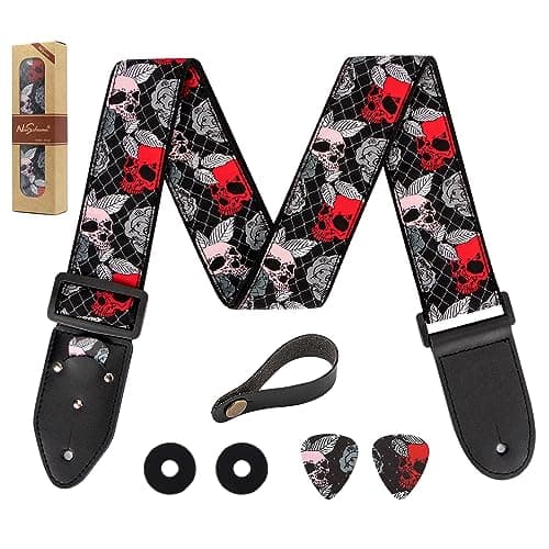 Genuine Leather Electric/Acoustic Guitar Bass Strap, Blue, with Pick Holder & Locks — Skull（skin&red）woven