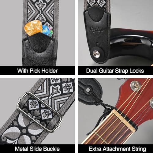 Adjustable Bass Guitar Strap with Jacquard Embroidery for Bassists, Fits Most Bass Guitars, Adjustable Locking Buckles & Picks Included
| High-Quality 2" Wide Jacquard Embroidery Cotton Bass Strap, Adjustable Leather Ends with Strap Locks & Picks, P
