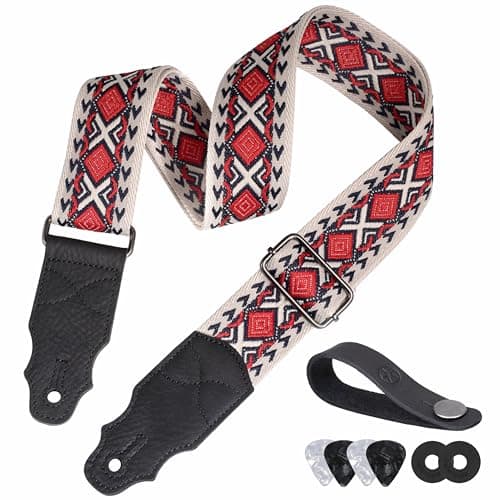 Head Layer Cowhide Leather Guitar Strap, 2" Wide, 2 Locks, 4 Picks Included — Red Square