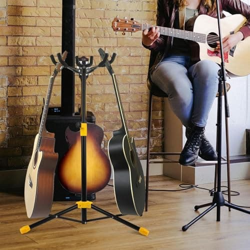 Universal Triple Adjustable Guitar Stand with Neck Holder - Holds 3 Guitars