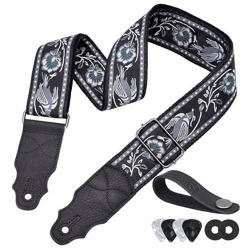 Head Layer Cowhide Leather Guitar Strap, 2" Wide, 2 Locks, 4 Picks Included — Gray Bird