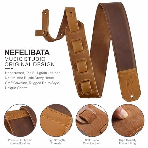 Nefelibata Full-Grain Leather Guitar Strap, 2.3" Wide, Soft Padded (Brown)