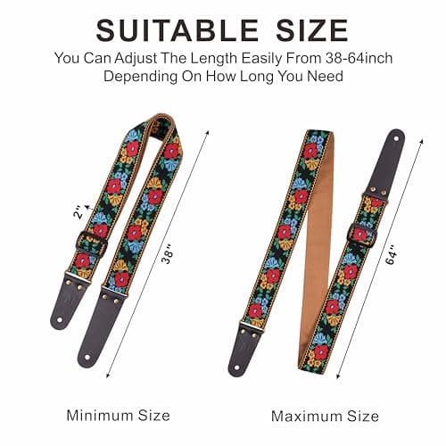 Nefelibata Vintage Jacquard Embroidery Guitar Strap for Electric Acoustic | Full Grain Leather Ends | Free Button & Locks | 2 Picks Included