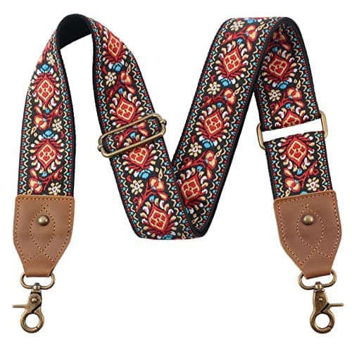 Nefelibata Purse Strap: Adjustable Leather Shoulder Replacement — Retro Embroidery Safflower