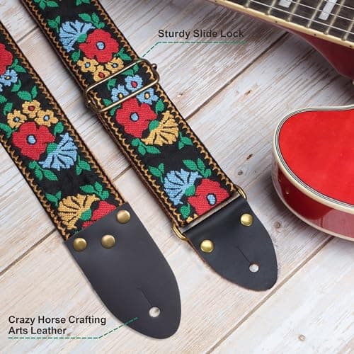 Nefelibata Vintage Jacquard Embroidery Cotton Guitar Strap with Leather Ends for Electric and Acoustic Guitars - Includes Free Accessories