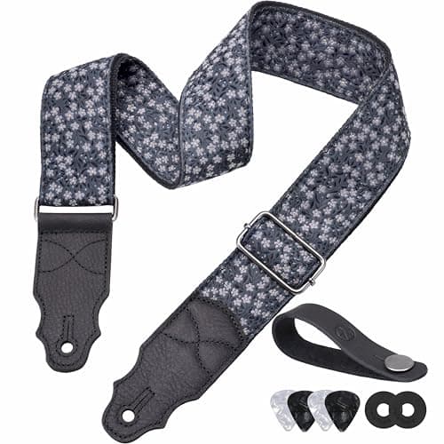 Head Layer Cowhide Leather Guitar Strap, 2" Wide, 2 Locks, 4 Picks Included — Gray Tiny Floral