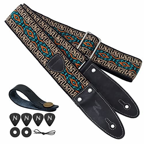 Nefelibata Guitar Strap, Full Grain Leather with Pick Pocket for Bass, Electric & Acoustic Guitar - Haze Blue — Vintage Green Plaid