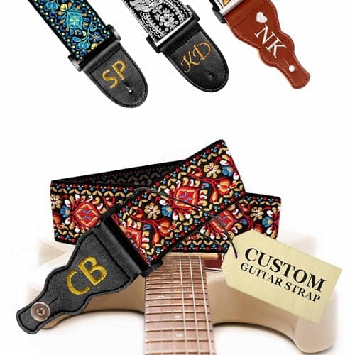 Black Silver Classic Woven Guitar Strap with Pick + Lock + Button - Add Your Text — Custom Red Woven