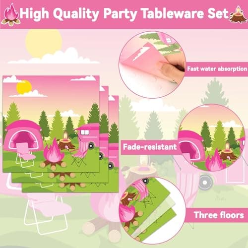Pink Camping Party Supplies Paper Plates & Napkins - Serves 25