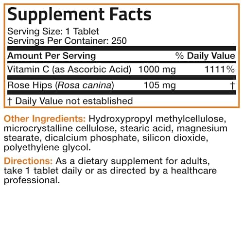 Bronson Vitamin C 1000mg with Rose HIPS, 250 Tablets