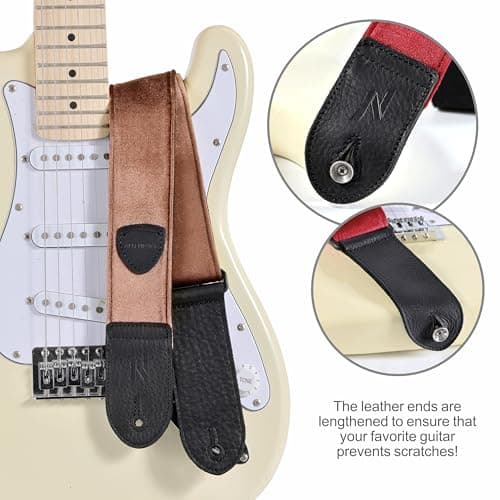 Nefelibata Vintage Velvet Guitar Strap with Leather Ends & Bonus Accessories (Coffee Brown)