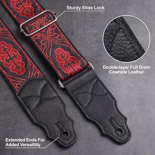 Head Layer Cowhide Leather Guitar Strap, 2" Wide, 2 Locks, 4 Picks Included