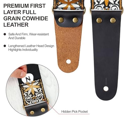 Nefelibata Embroidered Cowhide Leather Ends Guitar Strap, 1 Pair Locks & Picks Included
