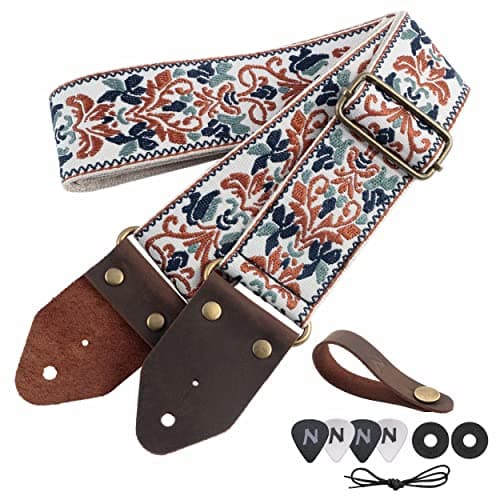 Nefelibata Guitar Strap with Crazy Horse Leather Ends for Bass, Electric & Acoustic — Retro Golden Jacquard