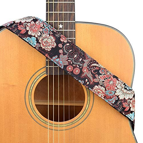 Vintage Classical Pattern CloudMusic Guitar Strap with Leather Ends — Blooming Flowers in Black