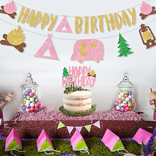 Pink Glitter Camping Birthday Banner & Toppers for Girl Parties