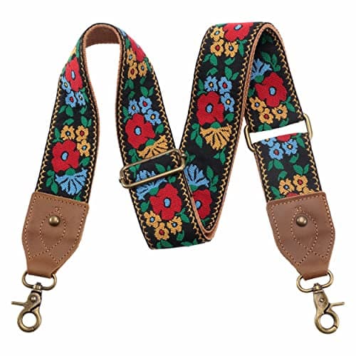 Nefelibata Purse Strap - Wide Leather Shoulder Strap with Embroidery — Vintage Flower Embroidery