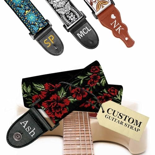 Black Silver Classic Woven Guitar Strap with Pick + Lock + Button - Add Your Text — Custom Red Roses