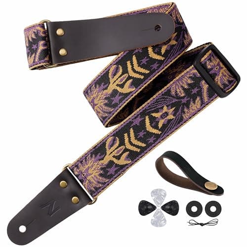 Embroidered Guitar Strap with Leather Ends & Pocket, for Bass & Electric Guitars — Mystic Totem-purple