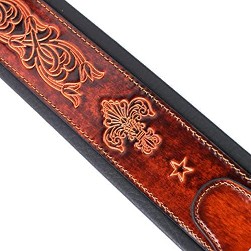 Walker And Williams Bourbon Brown Padded Guitar Strap with Fleur De Lis Design