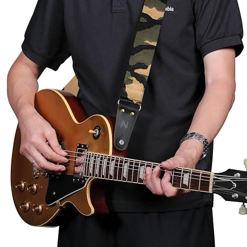 Nefelibata Camo Guitar Strap with Leather Ends for Acoustic, Electric & Bass Guitars + Free Lock