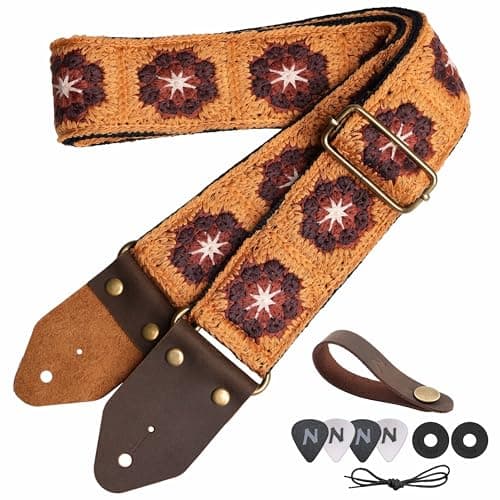 Nefelibata Golden Jacquard Embroidery Guitar Strap for Bass, Electric & Acoustic Guitars - Best Gift for Kids — I#-retro Brown Multi Flower