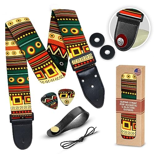 Vintage Woven Embroidered Guitar Strap - White,Adjustable for Acoustic, Electric & Bass Guitars Includes Picks — A Vintage Colors 01