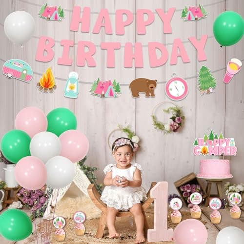 Kreatwow Pink Camper Themed Happy Birthday Banner Garland for Girls Camp Adventure Party