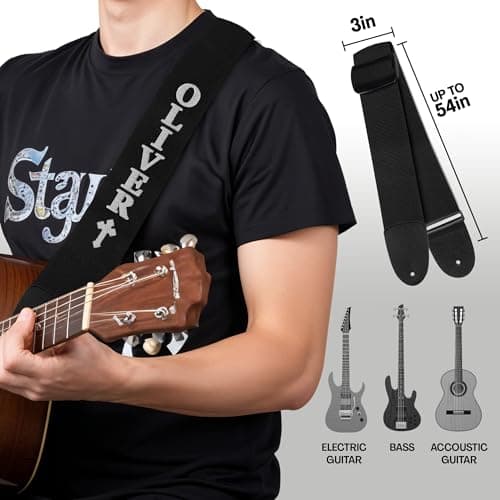 Art Tribute Custom Embroidered 3" Wide Guitar Strap for Bass, Electric & Acoustic - Black