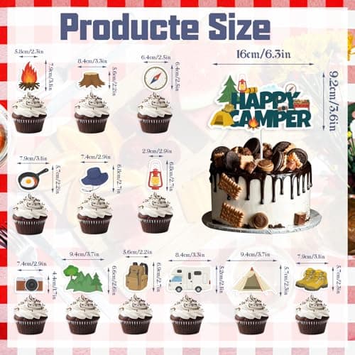 Camping Birthday Banner & Cake Topper Kit - Red, Orange, Brown, Green, Blue - 26 Pieces