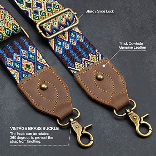 Crazy Horse Leather Wide Should Bag Strap, Adjustable Jacquard Embroidery