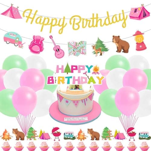 Pink Camping Birthday Banner for Girls - Happy Camper Adventure Supplies